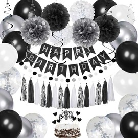 YGYXMY Birthday Decorations for Men, Black and Silver Party Decorations, Black and White Party Supplies - Banner, Balloons, Tissue Pompoms, Swirls, Tassels Garland