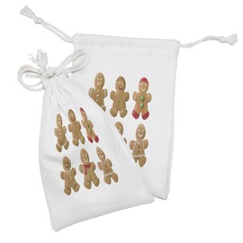 Ambesonne Gingerbread Man Fabric Pouch Set of 2, Vivid Homemade Biscuits Sugary Xmas Treats Tasty Pastry, Small Drawstring Bag for Toiletries Masks and Favors, 9" x 6", Pale Brown Red Green