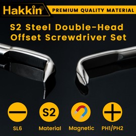 Hakkin 2PCS Offset Screwdriver Set S2 Steel Z-Type Double Head Offset Magnetic Screwdriver Right Angle Screwdriver with Phillips Slotted 15mm Flat Elbow Design for Tight Space Operation - 130mm