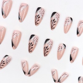 24 PCS Marble Press on Nails with Silver Line Design, Glossy Glitter Leaves Pattern False Nails Gel Glue on Nails, Sparkly Manicure Art Acrylic Medium Almond Fake Nails Stick on Nails for Women Girls