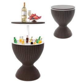 Patio Bar Cooler Table - 3-in-1 Grey Rattan Style Portable Outdoor Cooler with 8 Gallon Ice Capacity, Lift Top Lid & Drainage Plug – Perfect for Party Essentials