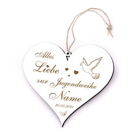 Jugendweihe Sign Heart Engraved - Alles Liebe zur Jugendweihe - Wooden Decorative Gift with Name + Date 13 x 12 cm