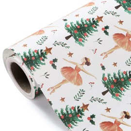 WRAPAHOLIC Kraft Christmas Wrapping Paper - Mini Roll - 17 Inch x 33 Feet - Sugar Plum Fairy with Christmas Tree Design for Christmas, Holiday, Party Celebration