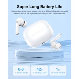 TUMJUN TUMJUN Wireless Earbuds, 42H Playtime Bluetooth 5.3 Headphones, HiFi Stereo Call Noise Cancelling Earbuds, IPX7 Waterproof Stereo in-Ear Earphones with LED Display for iOS Android (White)