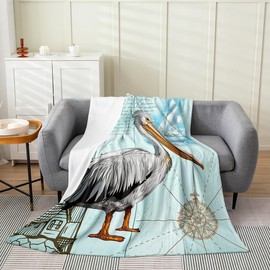 Homewish Cute Pelican Throw Blanket Nautical Themed Watercolor Sailship Lighthouse Fleece Blanket for Kids Teens Adults Cartoon Bird Wild Animal Flannel Blanket for Sofa Chairs 30x40
