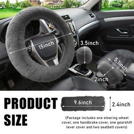 Yourkar 5 PCS Fluffy Steering Wheel Covers Set, Faux Wool Steering Wheel Cover & Handbrake Cover & Gear Shift Cover & 2 Seat Belt Shoulder Pads, Universal Car Accessories (Gray)