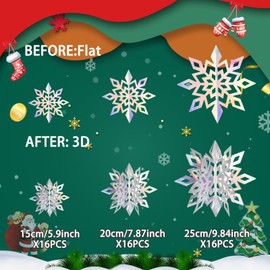 48Pcs Christmas Hanging Snowflake Decorations, Large 3D Snowflake Ornaments with 3 Size for Winter Wonderland Party Decorations, Baby Shower, New Year, Christmas Decorations Indoor Home Decor, Rainbow