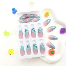 Blue French Tip Press on Nails Almond Medium Fake Nails Lines Glitter Sequins Rhinestones Design Glue on Nails Pink Full Cover False Nails Press ons Glossy Artificial Stick on Nails for Women 24Pcs