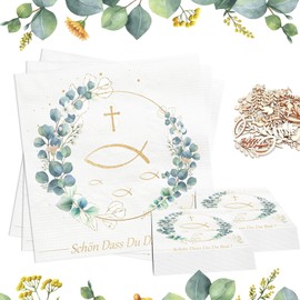 Scinzene Pack of 40 Communion Napkins and 60 Wooden Fish Confirmation Decoration, 3-Ply, Schön DASS Du Da Bist Design, Green Eucalyptus, 33 x 33 cm, Table Decoration for Christening, Communion