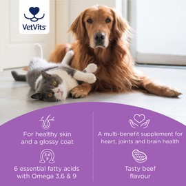 Vetvits Omega Skin & Coat For Cats & Dogs (120 Capsules) | Beef Flavoured | High Strength Fish Oils | For Healthy Skin, Coat, Heart, Joints & Brain