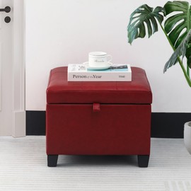 Adeco Faux Leather Storage Ottoman with Hinged Lid, 14 Inch High Red Square Cube Foot Stool with Storage, Upholstered Vanity Stool with Solid Wood Legs for Living Room, Bedroom, Dorm