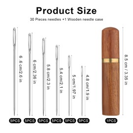 TOYMIS 30pcs Large Eye Sewing Needles, 6 Sizes Tapestry Embroidery Knitting Needles with Wooden Case, Stainless Steel, Brown