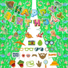 Lecheme Dinosaur Birthday Decorations Green Cartoon Dinosaur Backdrop Foil Fringe Curtains Streamers Birthday Banners Hanging Swirls Dino-Time Photo Props Jurassic Party Supplies for Kids