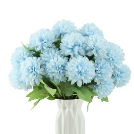Meiret 6Pcs Artificial Silk Flowers - Ball Chrysanthemum Bouquet, Imitation Bridal Wedding Bouquet for DIY, Home, Garden, Party, and Office Decoration(Light Blue)