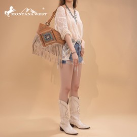 Montana West Western Tote bag for women Fringe Shoulder Tote Purse with Wallet 2Pcs Set MBB-MW1315G-8317WBR