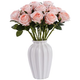 CHICNOOK 10 Pcs Champagne Roses Artificial Flowers, Fake Roses Real Touch Silk Flowers Bouquet with Long Stems Wedding Centerpiece for Table Home Party Decoration