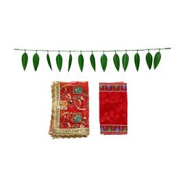 Decorative Mango Leaf Toran -40 Inches and Red Velvet Puja Cloth Mat Aasan (Size:-10 x 7 Inches) / Netted Chunari (Size: -19 x 13 inches) for Multipurpose Pooja Diwali Decoration Indian Traditional