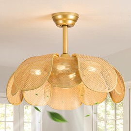 HLMRCHEN Rattan fandelier ceiling fan with light Boho ceiling fans with lights and remote Gold Chandelier Fan for Bedroom, Living room,Kitchen,Foyer(25 Inch,6 Speed, Timing Adjustable Height flower)