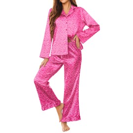 Ekouaer Silk Satin Pajamas Set Womens Long Sleepwear Button Down 2 Piece Classic Soft Loungewear Pjs Set Hot Pink Leopard Medium