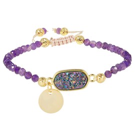 TUMBEELLUWA 4mm Faceted Stone Beads Bracelet for Women Adjustable Oblong Shape Druzy Healing Crystal Bracelet,Amethyst