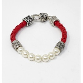 Silver Tone Braided Red Leather Faux Pearl Bracelet Southwest Boho Western