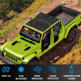 Coverspec JT Top Sun Shade Roof Compatible with Jeep Gladiator 4 Door 2018 to 2023 Sunshade Sunroof Bikini Cover Blocks UV Wind Noise Black Mesh for Full Length