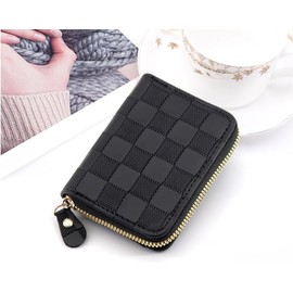 KACYMAO Checkered Credit Card Holder Wallet Zipper Leather Case Purse Small Card Case for Women or Men Small Compact Accordion Wallet with Zipper (IVORY BLACK)