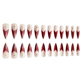 Valentine's Day Press on Nails Long Length Almond Wine Red Heart Rhinestones Design French False Nails Full Cover Glossy Silver Lines Coffin Nails Artificial Acrylic Nail Glue on Nails for Women 24Pcs