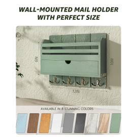 Rebee Vision Pine Wood Mail and Key Organizer for Wall – Farmhouse Mail Organizer Wall Mounted with 7 Sturdy Hooks & Drawer Storage – Apartment Essentials for Stylish Home Decor (Green)