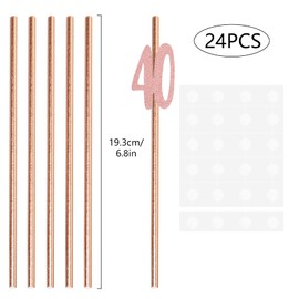 40th Birthday Straws, Pack of 24 Rose Gold Birthday Party Straws, 40th Birthday Party Supplies