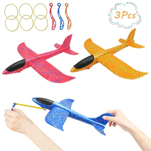 DC-BEAUTIFUL 3 Pack Upgrade 13.6" Airplane Toys, Throwing Plane 2 Flight Modes, Throwing Foam Airplanes with Rubber String Launch, Outdoor Sport Toy Party Favor Birthday Gift for Kids