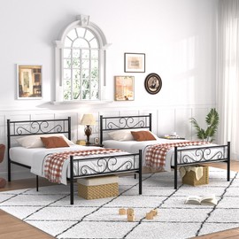 VECELO Twin Size Bed Frame with Headboard, 14 Inch Metal Platform Mattress Foundation, No Box Spring Needed, Easy Assembly, 2 PCS, Matte Black