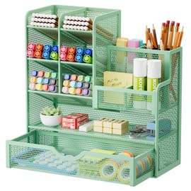 Marbrasse Mesh Desk Organiser, Multifunctional Pen Holder with Drawer, Storage Shelf for School, Home, Office, Supplies (Green)