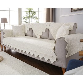 XSlive Cotton Embroidery Couch Sofa Cover Leaf and Floral Pattern Nonslip Quilted Furniture Protector Slipcover for Dogs, Children, Pets Sofa Slipcover Machine Washable (Cream,43"x82")