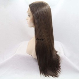 Xiweiy 6# Brown Silky Straight Lace Front Wigs Side Parting Half Hand Tied Natural Hairline Wig Heat Resistant Fiber Hair for Women 24inch