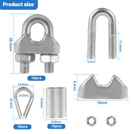 EXLECO 16 Wire Rope Clamp, 3 mm Rope Clamp, Steel Rope, Stainless Steel Bow Shape, Wire Rope Clip, Rope Clamp with Aluminium Sleeves, Thimbles for Steel Cable, Steel Wire, Washing Line, Awning, Fixed