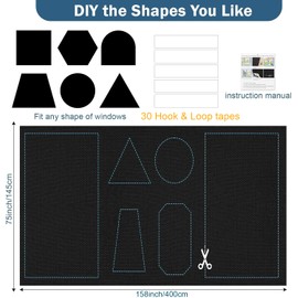 Blackout Blinds Stick On, 100% Blackout Blind Curtain for Window, 420D Fabric Portable Blackout Shades for Bedroom, Cut to Any Size, Black Out Blinds for Travel Temporary, 400x145cm, 30 Loop Tapes