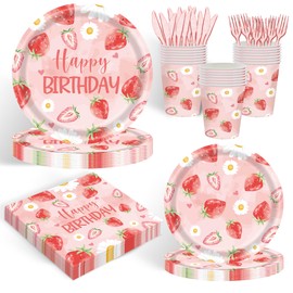 120PCS Strawberry Themed Supplies for Girls Kids Sweet One 1st 2rd Birthday Party Decorations Berry First Disposable Tableware Set Plates Napkins Cups and Forks Knives Serves 20 Guests