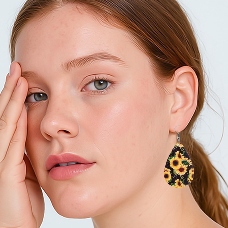 YINCUO Sunflower Earrings for Women Leather Teardrop Dangle Drop Jewelry