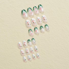 Christmas Press on Nails Short Almond Fake Nails French Tip False Nails Christmas Nails Press ons with Designs Candy Snowflake Glossy Glue on Nails Stick on Nails for Women Decorations 24 Pcs