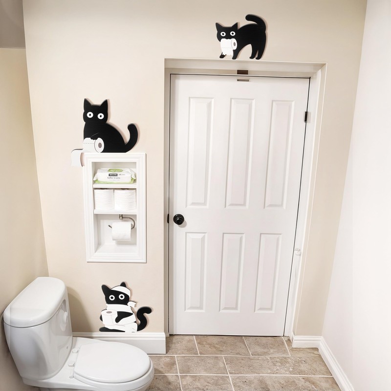Funny Black Cat Bathroom Decor Set, 3 Pcs Wooden Cats