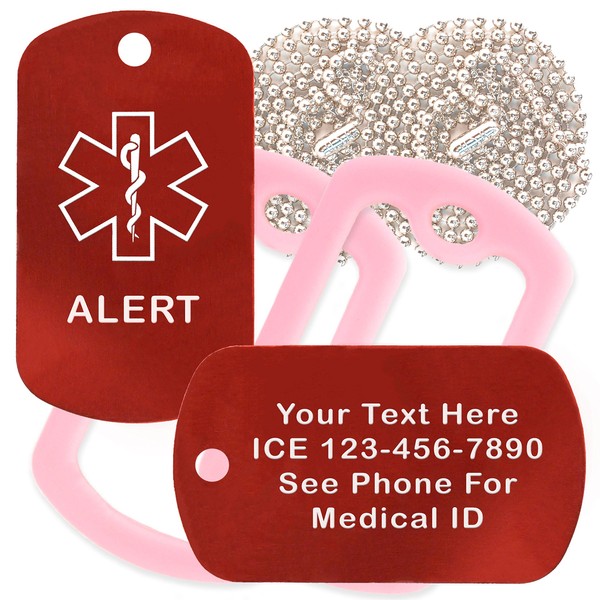 Custom 2 Pack - Alert Medical Alert ID Necklaces with Red Custom Tags, Pink Silencers, and 30'' USA Chains