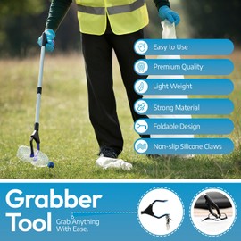 FitPlus PowerGrip T9, Grabber Reacher Tool, Wide Jaw, Foldable, Steel Cable, with 96 Grip Points for Firm Grip, 32" with Magnet (Orange, 32 Inch (Pack of 1))