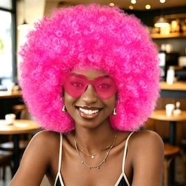 Hot Pink Afro Wig for Black Women, Funny 70s Disco Afro Wig with Heart Sunglasses Neon Colored Curly Synthetic Hair for Women Men Retro Disco Daily Cosplay Costume Crazy Hair Party Supplies