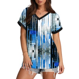 XIEERDUO Womens V Neck T Shirts Basic Tops Fashion Summer Clothes Loose Printed L Tie-dye Blue