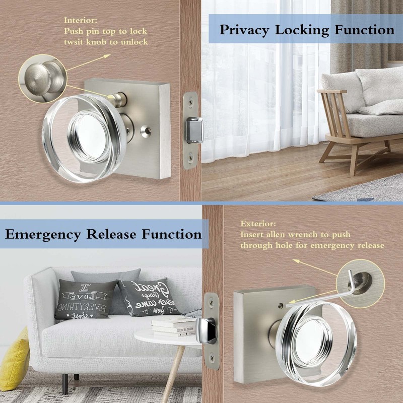 Coolnews Crystal Door Knobs with Lock, Satin Nickel Finish for
