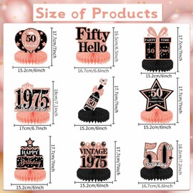 Luvart 50th Birthday Decorations Women - Rose Gold Table Decorations for 50th Birthday Party Honeycomb Centerpieces Decor 9PCS Vintage 1975 Party Supplies for Woman