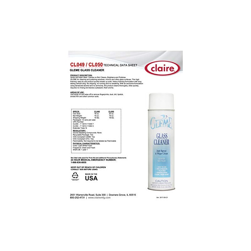 Claire Manufacturing CL050-1PK Gleme Glass Cleaner, 20 oz. can, 1