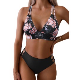 Fanuerg Women's V Neck Bikini Sets Hollow Out Push Up Swimsuit Criss Cross Back Two Piece Bathing Suit Black Floral S