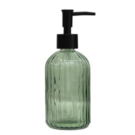 Green Glass Soap Dispenser with Black Plastic Pump, 13.5oz Refillable Liquid Hand Soap Dispenser, Lotion Dish Soap Dispenser for Modern Home Decor, Bathroom, Kitchen Countertop, Hotel
